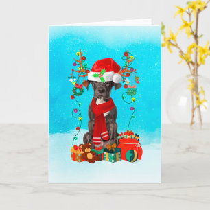 Great Dane in snow with Christmas gifts Card