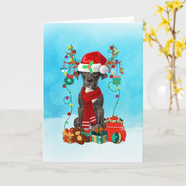 Great Dane in snow with Christmas gifts Card (Yellow Flower)