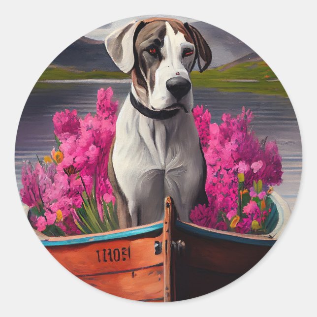 Great Dane on a Paddle: A Scenic Adventure Classic Round Sticker (Front)