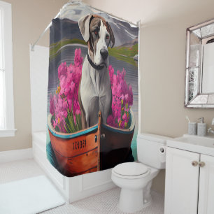 Great Dane on a Paddle: A Scenic Adventure Shower Curtain