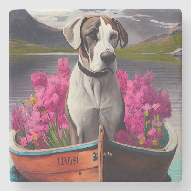 Great Dane on a Paddle: A Scenic Adventure Stone Coaster (Front)