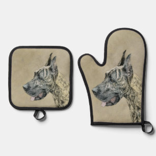 Great Dane Painting Brindle Original Pet Dog Art Oven Mitt & Pot Holder Set
