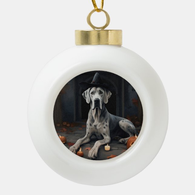 Great Dane Pumpkins Halloween Scary Flip Ceramic Ball Christmas Ornament (Front)