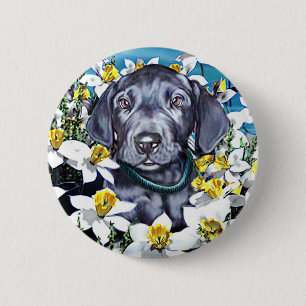 Great Dane Pup in Daffodils Blue 6 Cm Round Badge