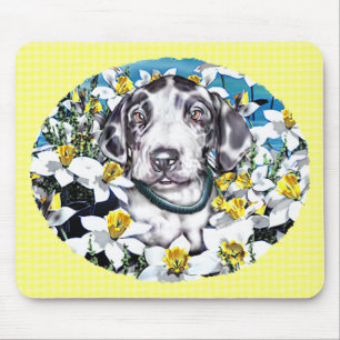 Great Dane Pup in Daffodils Harlequin Mouse Mat