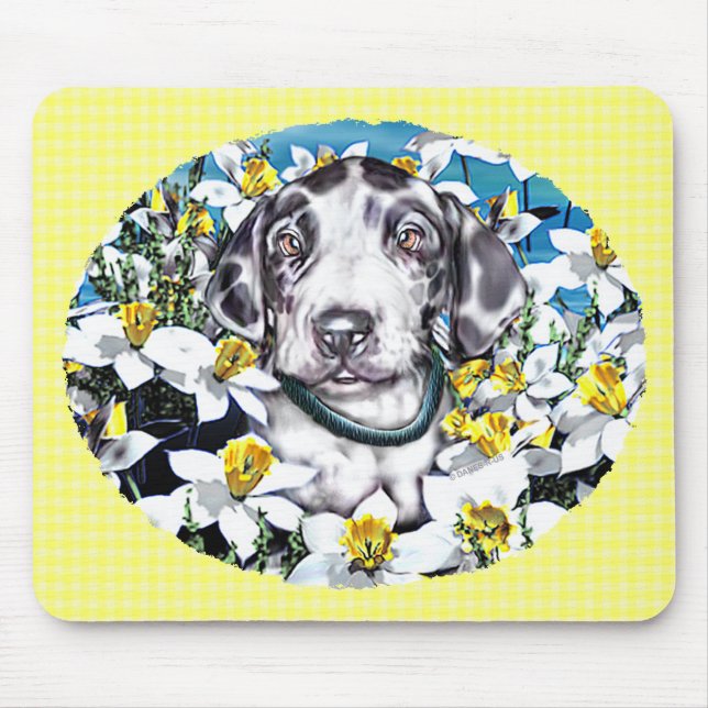 Great Dane Pup in Daffodils Harlequin Mouse Mat (Front)