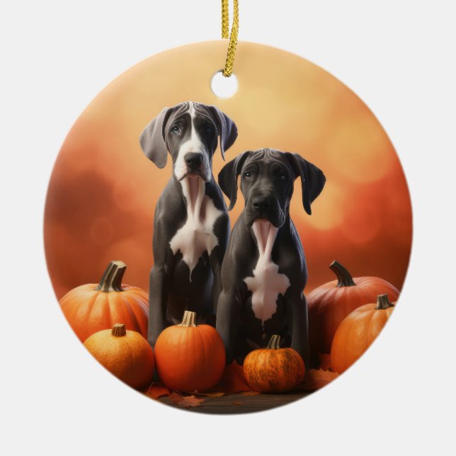 Great Dane Puppy Autumn Delight Pumpkin Ceramic Tree Decoration (Front)