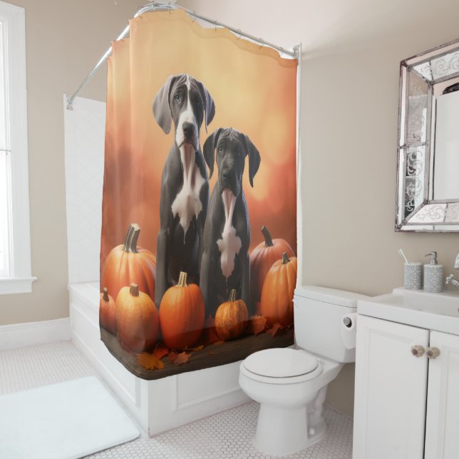 Great Dane Puppy Autumn Delight Pumpkin Shower Curtain (In Situ)