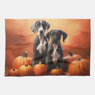 Great Dane Puppy Autumn Delight Pumpkin Tea Towel