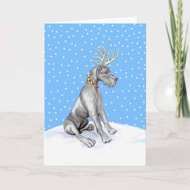 Great Dane Reindeer Christmas Black UC Holiday Card (Front)