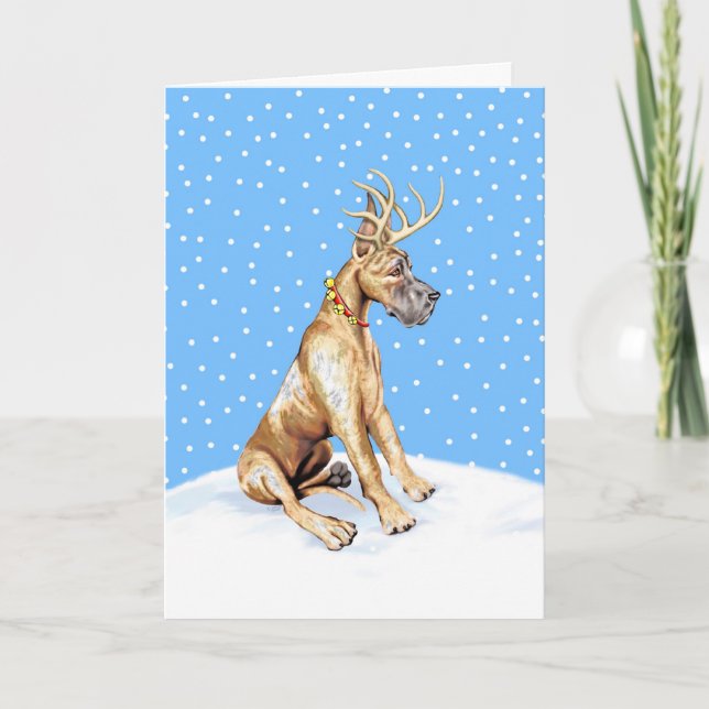 Great Dane Reindeer Christmas Brindle Holiday Card (Front)