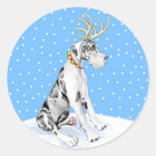 Great Dane Reindeer Christmas Harlequin UC Classic Round Sticker