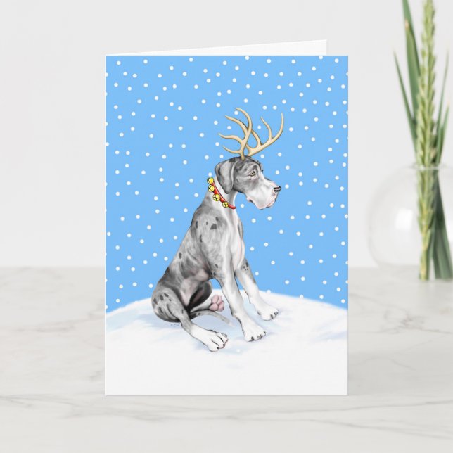 Great Dane Reindeer Christmas Merle UC Holiday Card (Front)