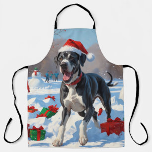 Great Dane Running in Snow with Christmas Hat Apron