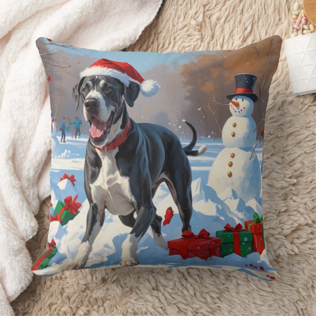 Great Dane Running in Snow with Christmas Hat Cushion (Blanket)