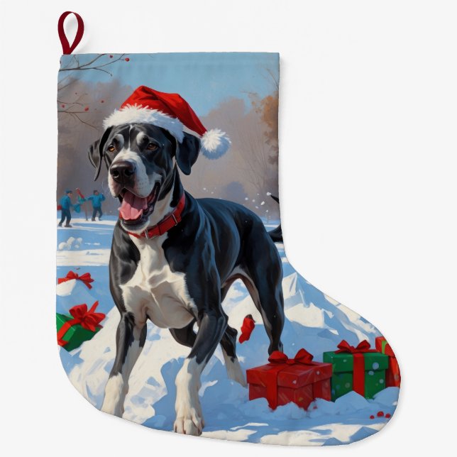 Great Dane Running in Snow with Christmas Hat Large Christmas Stocking (Front)