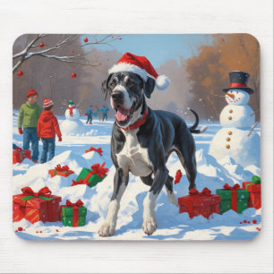 Great Dane Running in Snow with Christmas Hat Mouse Mat