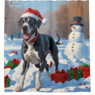 Great Dane Running in Snow with Christmas Hat Shower Curtain