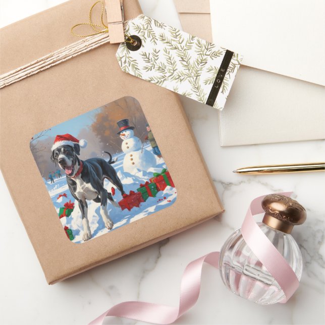 Great Dane Running in Snow with Christmas Hat Square Sticker (Gifting)