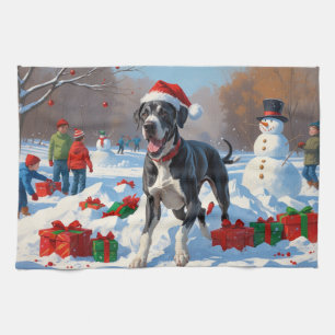 Great Dane Running in Snow with Christmas Hat Tea Towel