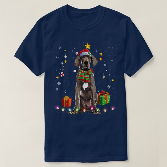 Great Dane Santa Christmas Tree Lights Xmas Pajama T-Shirt (Design Front)