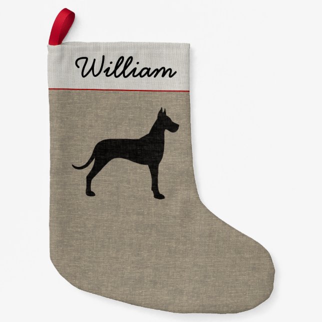 Great Dane Silhouette Faux Linen Style Dog Breed Small Christmas Stocking (Front)