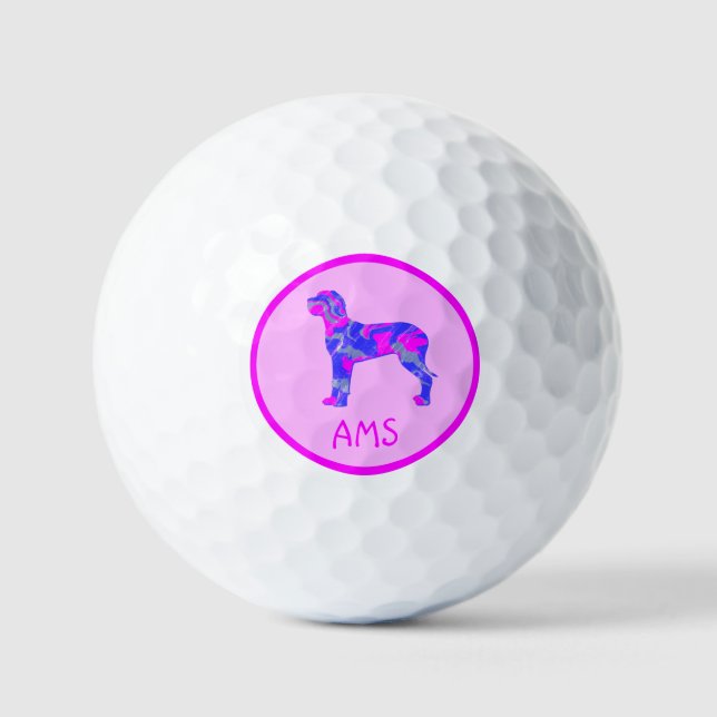 Great Dane Silhouette Pink & Blue Monogram Golf Balls (Front)