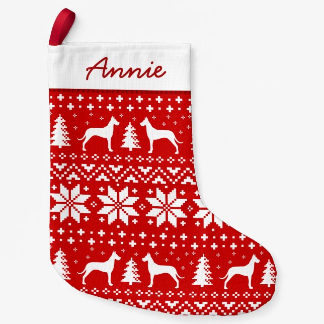 Great Dane Silhouettes Pattern Red and White Cute Small Christmas Stocking (Front)