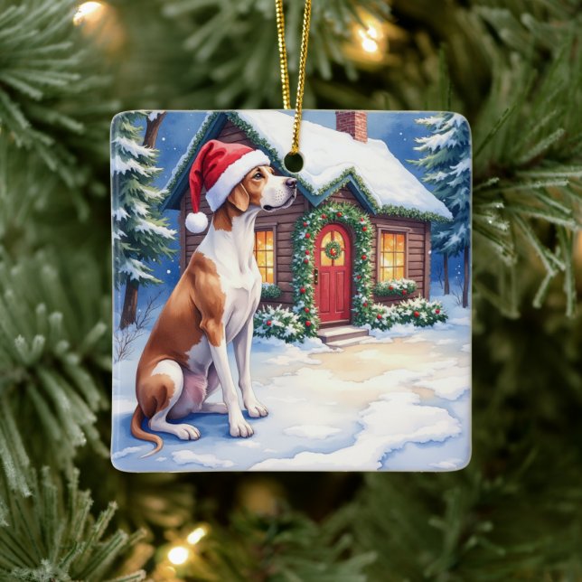 Great Dane Snowy Cabin Santa Hat Christmas Art Ceramic Ornament (Tree)