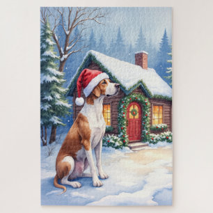 Great Dane Snowy Cabin Santa Hat Christmas Art Jigsaw Puzzle