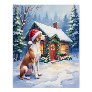 Great Dane Snowy Cabin Santa Hat Christmas Art Poster