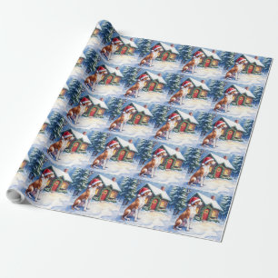 Great Dane Snowy Cabin Santa Hat Christmas Art Wrapping Paper