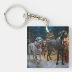 Great Dane Snowy Sleigh Christmas Decor Key Ring