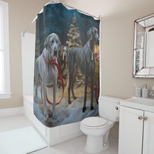Great Dane Snowy Sleigh Christmas Decor  Shower Curtain (In Situ)
