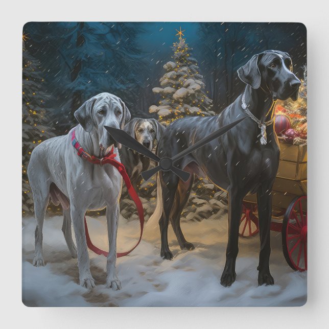 Great Dane Snowy Sleigh Christmas Decor  Square Wall Clock (Front)
