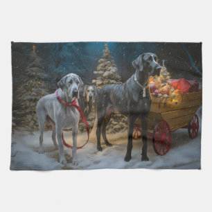 Great Dane Snowy Sleigh Christmas Decor Tea Towel