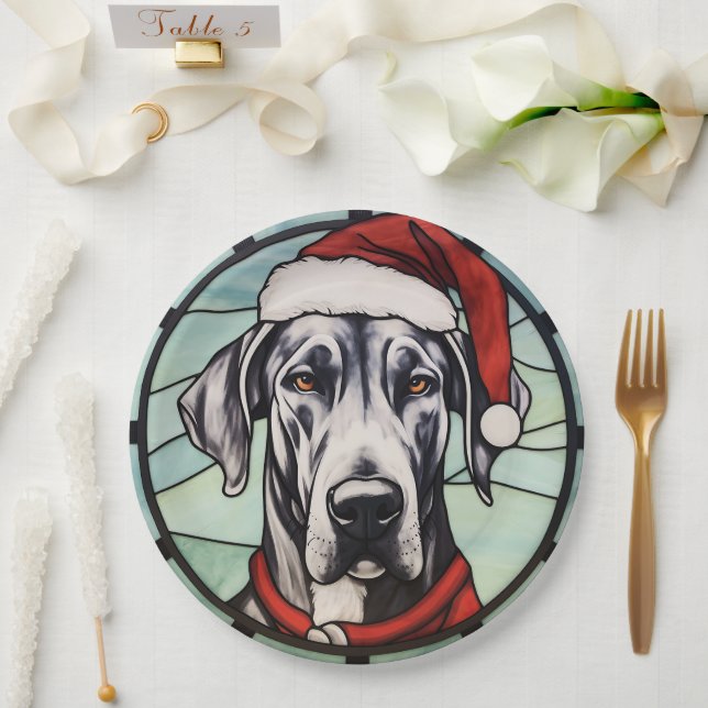 Great Dane Stained Glass Christmas Paper Plate (Wedding)