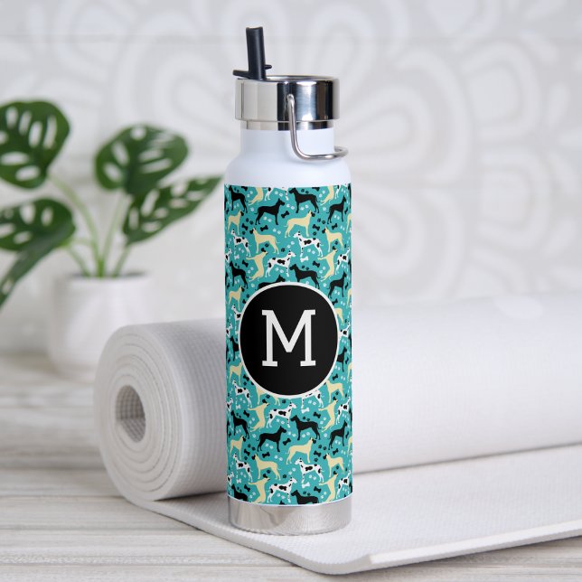 Great Dane Teal Harlequin Fawn Black Dog Monogram Water Bottle (Great Dane Monogram Teal Water Bottle )