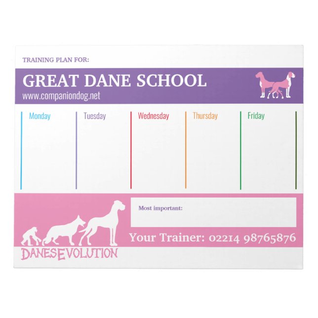 Great Dane training plan Notepad (Front)