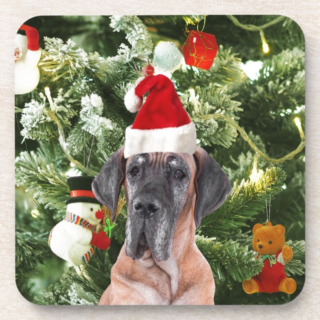 Great Dane w Christmas Tree Gift Boxes Santa Hat Coaster (Front)