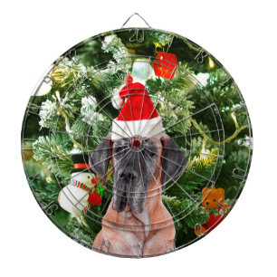 Great Dane w Christmas Tree Gift Boxes Santa Hat Dartboard