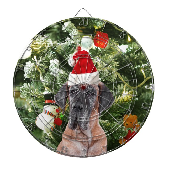 Great Dane w Christmas Tree Gift Boxes Santa Hat Dartboard (Front)