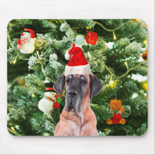 Great Dane w Christmas Tree Gift Boxes Santa Hat Mouse Mat