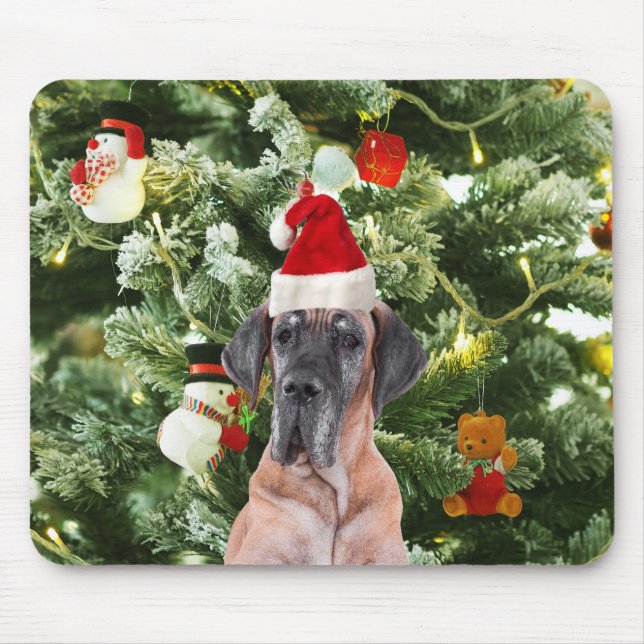 Great Dane w Christmas Tree Gift Boxes Santa Hat Mouse Mat (Front)