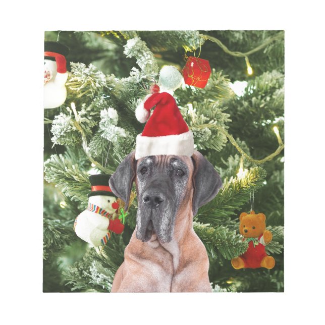 Great Dane w Christmas Tree Gift Boxes Santa Hat Notepad (Front)