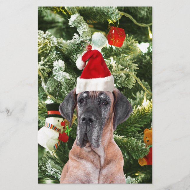 Great Dane w Christmas Tree Gift Boxes Santa Hat Stationery (Front)