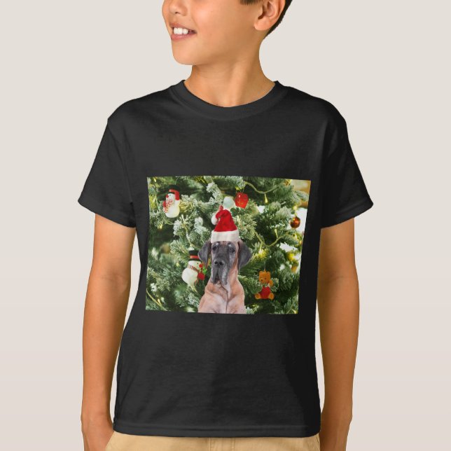 Great Dane w Christmas Tree Gift Boxes Santa Hat T-Shirt (Front)