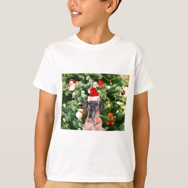 Great Dane w Christmas Tree Gift Boxes Santa Hat T-Shirt (Front)