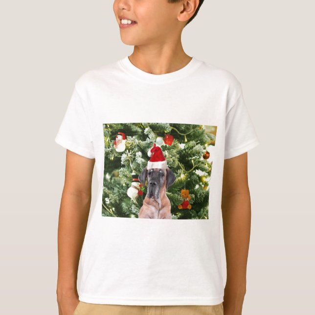 Great Dane w Christmas Tree Gift Boxes Santa Hat T-Shirt (Front)