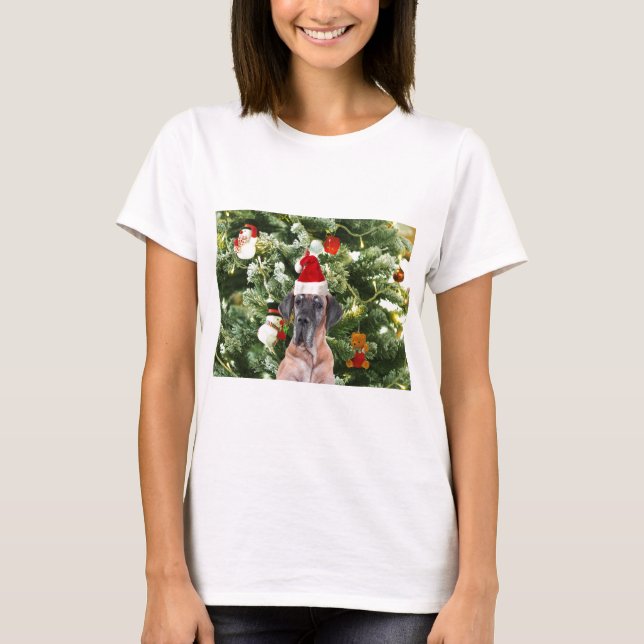 Great Dane w Christmas Tree Gift Boxes Santa Hat T-Shirt (Front)